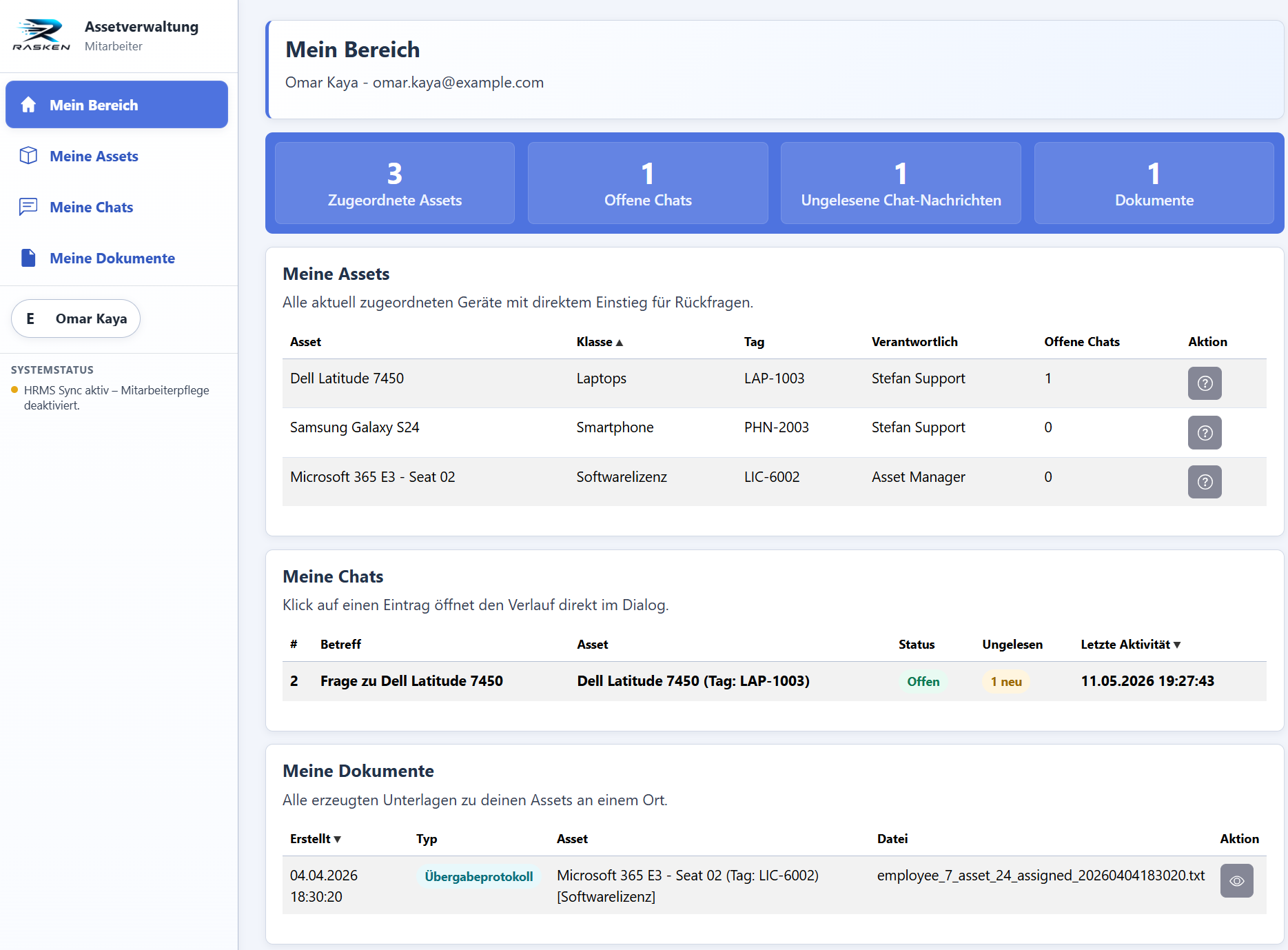 Screenshot des Mitarbeiterportals im Assetmanagement
